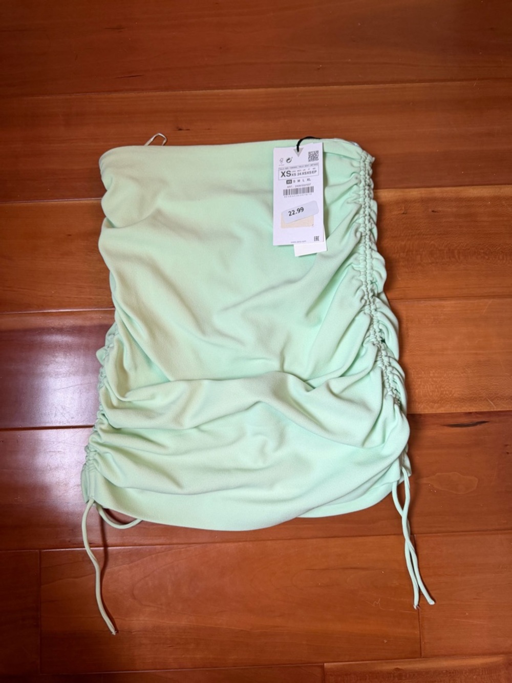 Zara Light Mint Ruched Mini Skirt with Side Drawstrings - XS
